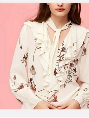 Aritzia Cream Ruffle Tie-Neck Floral Blouse with Red & Green Accents